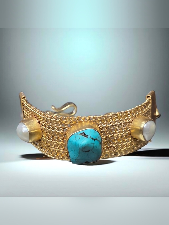 Designer Jewelry - 18k Matte Gold Plated Artisan Turquoise Freshwater Pearl Chunky Chain Bracelet